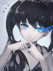 Rule 34 | 1girl, absurdres, asymmetrical hair, black choker, black hair, black rock shooter, black rock shooter (character), blue eyes, blue fire, choker, closed mouth, collarbone, dated, fire, flaming eye, grey background, hair between eyes, highres, long hair, looking at viewer, signature, solo, twintails, upper body, yan guang aoxiang