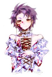 1boy alternate_costume bare_shoulders blood blood_on_chest blood_on_face blood_on_hands closed_mouth corset_piercing cropped_torso crossdressing dress earrings frilled_sleeves frills highres jewelry juliet_sleeves long_sleeves looking_at_viewer male_focus pilice puffy_sleeves purple_hair red_eyes red_ribbon ribbon saibou_shinkyoku short_hair simple_background smile solo theodore_riddle trap white_background white_dress