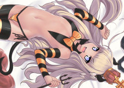 Rule 34 | 1girl, aegis (nerocc), alternate costume, armpits, azur lane, bare shoulders, bikini, bikini bottom only, black panties, black thighhighs, blue eyes, blunt bangs, crotch seam, crown, demon horns, demon tail, detached sleeves, fake horns, female focus, from above, hairband, halloween costume, horns, jewelry, long hair, looking at viewer, lying, navel, on back, open mouth, orange bikini, orange panties, orange thighhighs, panties, partially visible vulva, polearm, queen elizabeth (azur lane), revealing clothes, side-tie bikini bottom, side-tie panties, solo, stomach, striped clothes, striped sleeves, striped thighhighs, swimsuit, tail, thighhighs, trident, underwear, v-shaped eyebrows, very long hair, weapon