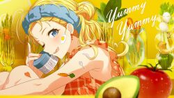 Rule 34 | 1girl, ahoge, armpit crease, avocado, bare shoulders, blonde hair, blue eyes, blue headband, blurry, blurry foreground, blush, carrot, earrings, english text, eyelashes, feet out of frame, food, fried egg, frilled sleeves, frills, game cg, glass bottle, hachimiya meguru, hair bun, hair ornament, hairclip, head tilt, headband, heart, heart hair, holding, idolmaster, idolmaster shiny colors, jewelry, knees, knees up, light particles, long hair, looking at viewer, official art, one eye closed, orange nails, orange shirt, parted lips, shirt, side ponytail, single side bun, sitting, sleeveless, sleeveless shirt, smile, solo, star (symbol), star earrings, sticker on arm, sticker on face, sticker on leg, tomato, tongue, tongue out, vegetable, yellow background, yellow theme
