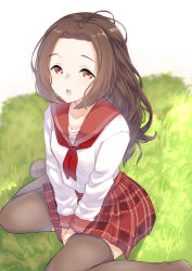 Rule 34 | 1girl, between legs, brown hair, brown thighhighs, collarbone, commentary request, forehead, grass, hand between legs, highres, long hair, long sleeves, looking at viewer, neckerchief, no shoes, on grass, open mouth, original, parted bangs, plaid, plaid skirt, pleated skirt, red eyes, red neckerchief, red sailor collar, red skirt, sailor collar, school uniform, serafuku, shirt, sitting, skirt, solo, teeth, thighhighs, upper teeth only, very long hair, wariza, white shirt, yuki arare