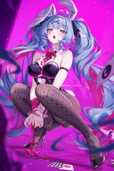 Rule 34 | 1girl, ahoge, animal ears, arm belt, between breasts, black leotard, blue eyes, blue hair, bow, bowtie, breasts, brown pantyhose, card, card between breasts, colored inner hair, cuffs, detached collar, facial mark, fake animal ears, full body, hair ornament, hair ribbon, handcuffs, hatsune miku, high heels, leotard, long hair, medium breasts, mitsu (mitsu art), multicolored hair, necktie, open mouth, pantyhose, patent heels, pink hair, playboy bunny, playing card, pumps, rabbit ears, rabbit hole (vocaloid), red bow, red bowtie, red necktie, ribbon, shoes, simple background, solo, squatting, stiletto heels, twintails, very long hair, vocaloid, x hair ornament