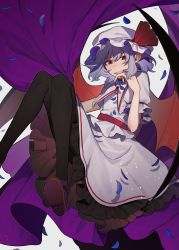 Rule 34 | 1girl, bat wings, black pantyhose, blue hair, blush, cloak, collared shirt, commentary, falling petals, foot out of frame, frilled shirt collar, frilled skirt, frilled sleeves, frills, grey background, grin, hand on own face, hand up, hat, hat ribbon, highres, knees together feet apart, knees up, looking at viewer, mob cap, pantyhose, petals, pointy ears, puffy short sleeves, puffy sleeves, purple cloak, red eyes, red footwear, red ribbon, remilia scarlet, ribbon, shirt, shoes, short hair, short sleeves, simple background, skirt, slit pupils, smile, solo, tabun (osoracu), teeth, touhou, white hat, white shirt, white skirt, wings