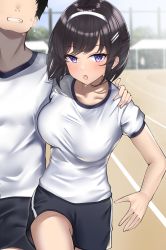 Rule 34 | 1boy, 1girl, absurdres, black hair, blurry, blurry background, blush, breast press, breasts, clenched teeth, commentary request, faceless, faceless male, gym shirt, gym shorts, hand on another&#039;s shoulder, highres, kaku yone, large breasts, original, outdoors, purple eyes, shirt, shorts, solo focus, teeth, three-legged race, track and field