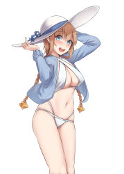 Rule 34 | 1girl, absurdres, bikini, blue eyes, blue jacket, blush, braid, breasts, brown hair, cleavage, feet out of frame, hair between eyes, hat, highres, jacket, kantai collection, kiritto, large breasts, long hair, long sleeves, navel, open clothes, open jacket, open mouth, simple background, smile, solo, swimsuit, teeth, teruzuki (kancolle), twin braids, upper teeth only, white background, white bikini, white hat