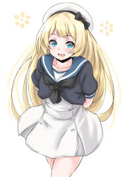 Rule 34 | 1girl, arms behind back, black neckwear, blonde hair, blue eyes, blue sailor collar, blush, dress, hat, highres, jervis (kancolle), kantai collection, long hair, open mouth, sailor collar, sailor dress, sailor hat, short sleeves, simple background, solo, takomeshi, white background, white dress, white hat