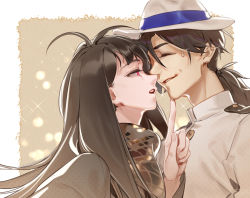 Rule 34 | 1boy, 1girl, antenna hair, black hair, black scarf, border, chiizu namasu, commentary request, closed eyes, fate/grand order, fate (series), hand on another&#039;s chin, highres, jacket, long hair, looking at another, military, military uniform, naval uniform, oryou (fate), red eyes, sakamoto ryouma (fate), scarf, sweatdrop, uniform, very long hair, white border, white headwear, white jacket