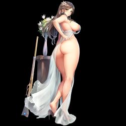 Rule 34 | 1girl, absurdres, ass, back, breasts, brown hair, constantia s2, flower, green eyes, hair flower, hair ornament, hand on own hip, highres, kakiman, large breasts, last origin, long hair, looking at viewer, nipples, official art, revealing clothes, see-through, solo, thick thighs, thighs, transparent background