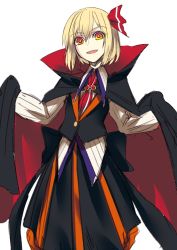 Rule 34 | + +, 1girl, :d, black cape, black skirt, black vest, cape, gradient eyes, hair ornament, highres, long sleeves, looking at viewer, medium hair, multicolored eyes, necktie, one-hour drawing challenge, open mouth, red eyes, red necktie, rumia, shirt, shukusuri, simple background, skirt, smile, solo, standing, touhou, two-sided cape, two-sided fabric, vest, white background, white shirt