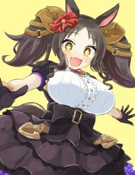 Rule 34 | + +, 1girl, animal ears, black dress, black gloves, black hair, breasts, commentary request, cowboy shot, dress, fang, flower, gloves, hair flower, hair ornament, highres, horse ears, horse girl, large breasts, long hair, looking at viewer, marvelous sunday (umamusume), parted bangs, puffy short sleeves, puffy sleeves, sangria (sangria69), short sleeves, simple background, skin fang, solo, twintails, umamusume, yellow background, yellow eyes