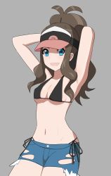 Rule 34 | 1girl, absurdres, arms up, artist request, bare legs, baseball cap, bikini, bikini under clothes, black bikini, blue eyes, breasts, brown hair, creatures (company), denim, denim shorts, game freak, hat, high ponytail, highres, hilda (pokemon), long hair, looking at viewer, navel, nintendo, open mouth, pokemon, pokemon bw, shirt, short shorts, shorts, side-tie bikini bottom, sidelocks, simple background, smile, solo, standing, swimsuit, thighs, very long hair, white background, white shirt, wide hips, wristband