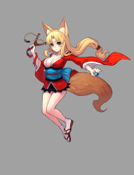 Rule 34 | 1girl, absurdres, animal ears, blonde hair, breasts, cleavage, fkey, fox ears, fox tail, full body, green eyes, grey background, highres, japanese clothes, large breasts, long hair, low-tied long hair, original, slingshot (weapon), solo, tail, very long hair