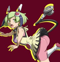 Rule 34 | 10s, 1girl, android, arm garter, ass, bike shorts, boots, cable, cable tail, dimension w, dress, green eyes, green hair, headgear, matching hair/eyes, mechanical tail, multicolored hair, open mouth, pink shorts, short dress, shorts, simple background, solo, streaked hair, sweatdrop, tagme, tail, thigh boots, thighhighs, two-tone hair, uganda (ugandam 00), white footwear, white thighhighs, yurizaki mira