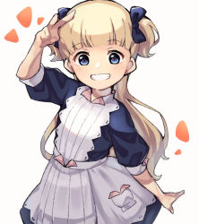 Rule 34 | 1girl, apron, blonde hair, blue bow, blue dress, blue eyes, blunt bangs, bow, dress, emilico (shadows house), hair bow, long hair, open mouth, shadows house, simple background, smile, solo, teeth, two side up, v, white apron, white background, yomo (yomooo1313)