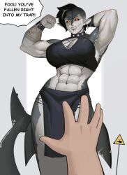 Rule 34 | 1girl, abs, absurdres, arm behind head, arm tattoo, armpits, asymmetrical hair, biceps, black hair, black lips, black sclera, boonie baby, bracer, breasts, cleavage, cleavage cutout, clenched hand, clothing cutout, collar, colored sclera, colored skin, commentary, cross, cross earrings, earrings, english commentary, english text, facial mark, fins, fish tail, flexing, forehead mark, glasgow smile, grey skin, highres, huge breasts, inverted cross, jewelry, lace-up top, lip piercing, midriff, multicolored skin, multiple piercings, muscular, muscular female, no feet, nose piercing, nose ring, notched ear, orange eyes, original, pelvic curtain, piercing, pointy ears, pov, pov hands, shark girl, shark tail, sharp teeth, short hair, sidecut, slit pupils, solo focus, speech bubble, spiked collar, spikes, tail, tattoo, teeth, tribal tattoo, two-tone skin, undercut, you gonna get raped