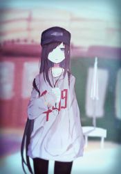 Rule 34 | 1girl, bags under eyes, black hair, black pantyhose, earrings, expressionless, female focus, hair over one eye, hat, highres, jewelry, long hair, muki, necklace, original, oversized clothes, pantyhose, sleeves past wrists, solo, standing, uosaki (muki)