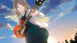 Rule 34 | 1girl, :d, brown eyes, brown hair, dutch angle, electric guitar, guitar, instrument, koyubi right, light particles, music, open mouth, original, playing instrument, pleated skirt, school uniform, skirt, smile, solo, twilight