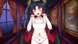 Rule 34 | 1girl, androxg, belly, black hair, blush, blush stickers, bra, carpet, ceiling, closed eyes, commission, curtains, demon girl, demon horns, demon wings, eyebrows, eyelashes, fangs, fingernails, hallway, highres, horns, idol corp, knee up, lily sin, long hair, multicolored hair, navel, open mouth, panties, pointing, pointy ears, portrait (object), red carpet, ribbon, underwear, virtual youtuber, white bra, white panties, window, wings