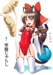 Rule 34 | 1girl, @ @, animal ears, animal hands, ball, bell, bow, cat ears, cat girl, cat paws, cat tail, cat teaser, collar, detached sleeves, fang, female focus, garter straps, hair bow, hair tubes, hakurei reimu, highres, kemonomimi mode, kentairui, kittysuit, leotard, neck bell, nontraditional playboy bunny, open mouth, red leotard, solo, sweatdrop, tail, thighhighs, touhou, white thighhighs