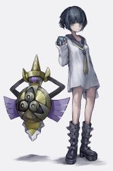 1girl aegislash black_footwear black_hair boots breasts closed_mouth creatures_(company) full_body game_freak gen_6_pokemon grey_sailor_collar hand_up hashtag-only_commentary highres holding holding_poke_ball long_sleeves looking_at_viewer muda_name neckerchief nintendo original oversized_clothes oversized_shirt poke_ball pokemon pokemon_(creature) sailor_collar sailor_shirt shirt short_hair simple_background small_breasts standing white_background white_shirt yellow_neckerchief