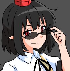 Rule 34 | 1girl, adjusting eyewear, black hair, black ribbon, breasts, closed mouth, collared shirt, commentary request, grey background, hat, looking at viewer, neck ribbon, pointy ears, puffy short sleeves, puffy sleeves, red eyes, red hat, ribbon, shameimaru aya, shirt, short hair, short sleeves, simple background, small breasts, smile, smirk, solo, sunglasses, tokin hat, touhou, white shirt, yakousei no kame