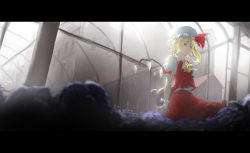 Rule 34 | 1010kman, 1girl, arms behind back, ascot, backlighting, bat wings, blonde hair, blue flower, blue rose, bow, closed mouth, crystal, expressionless, flandre scarlet, flower, frilled shirt, frilled shirt collar, frilled skirt, frilled sleeves, frills, hat, hat bow, hat ribbon, highres, indoors, letterboxed, mob cap, puffy short sleeves, puffy sleeves, red eyes, red skirt, ribbon, rose, shirt, short hair, short sleeves, side ponytail, skirt, solo, stuffed animal, stuffed toy, teddy bear, touhou, wings, wrist cuffs, yellow ascot