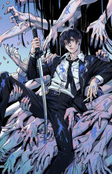 Rule 34 | 1boy, black hair, black necktie, black suit, blue eyes, chainsaw man, cigarette, closed mouth, disembodied hand, earrings, extra arms, falling petals, formal, ghost devil (chainsaw man), hayakawa aki, highres, holding, holding cigarette, holding sword, holding weapon, irahi, jewelry, looking at viewer, necktie, oversized limbs, paint splatter, petals, purple nails, shirt, suit, sword, topknot, weapon, white shirt