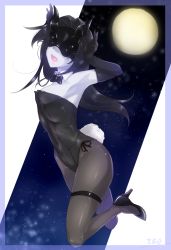 Rule 34 | 10s, 1girl, abyssal ship, alternate costume, animal ears, arm up, bare shoulders, black footwear, black gloves, black hair, black pantyhose, blindfold, bow, bowtie, breasts, cleavage, detached collar, elbow gloves, fake animal ears, full moon, gloves, high heels, highres, horns, kantai collection, leotard, light cruiser princess, long hair, mask, mochitsuki (mo chooon), moon, pantyhose, parted bangs, playboy bunny, rabbit ears, rabbit tail, shoes, solo, tail, thigh strap