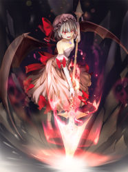 Rule 34 | 1girl, bare shoulders, bat wings, blue hair, bow, culter, dress, elbow gloves, female focus, gloves, hat, highres, jewelry, necklace, open mouth, red eyes, remilia scarlet, short hair, solo, spear the gungnir, touhou, wings