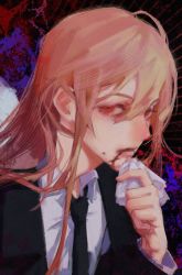 Rule 34 | angel devil (chainsaw man), angel wings, black suit, black tie, blood on mouth, chainsaw man, light brown hair, red eyes, suit, wings, wiping mouth