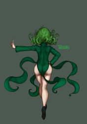 Rule 34 | 1girl, ass, black footwear, character name, commentary, curly hair, dress, english commentary, facing away, floating, floating clothes, from behind, green background, green hair, hand on own hip, hand up, highres, index finger raised, one-punch man, shoes, simple background, skin tight, solo, tatsumaki, telekinesis, the golden smurf