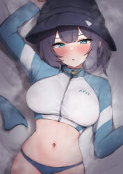 Rule 34 | 1girl, bed sheet, black hair, black hat, blue archive, blue jacket, blush, breasts, cropped jacket, female pubic hair, green eyes, hat, highres, jacket, large breasts, long sleeves, looking at viewer, lying, mochitsuki karen, multicolored clothes, multicolored jacket, navel, on back, pubic hair, pubic hair peek, raglan sleeves, saki (blue archive), saki (swimsuit) (blue archive), short hair, solo, steaming body, stomach, two-tone jacket, white jacket
