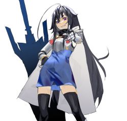 Rule 34 | 1girl, ahoge, armor, black hair, black thighhighs, blue eyes, breastplate, cape, chamuring, character request, facing viewer, feet out of frame, gloves, grin, hair between eyes, hand on own hip, highres, huge weapon, long hair, looking at viewer, lord of heroes, pointing, pointing at viewer, red pupils, simple background, sketch, smile, solo, sword, thighhighs, vambraces, very long hair, weapon, white background, white cape, zettai ryouiki