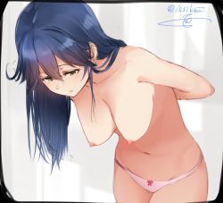 Rule 34 | 10s, 1girl, bare arms, blue hair, blush, bow, bow bra, bow panties, bra, breasts, brown eyes, cleavage, collarbone, cowboy shot, hagirussia (sanyanyanya), hair between eyes, hanging breasts, isshiki (ffmania7), kantai collection, long hair, looking down, medium breasts, navel, nipples, no bra, panties, pink bow, red bow, solo, standing, stomach, third-party edit, topless, twitter username, underwear, underwear only, undressing, ushio (kancolle)
