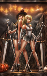 Rule 34 | 00s, 2girls, black nails, blonde hair, clare (claymore), claymore (series), claymore (sword), elbow gloves, gloves, grey eyes, hat, high heels, highres, holding hands, jack-o&#039;-lantern, multiple girls, nail polish, pumpkin, shoes, sword, teresa, weapon, witch hat