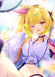 Rule 34 | 1girl, :d, absurdres, armpits, bare shoulders, blonde hair, blunt bangs, blush, breasts, collarbone, crop top, day, from below, hair ornament, hair ribbon, hamu6802, hands up, headphones, highres, hoshikawa sara, jacket, lens flare, long hair, long sleeves, looking at viewer, medium breasts, navel, nijisanji, one eye closed, open mouth, outdoors, red eyes, ribbon, shirt, side ponytail, sitting, smile, solo, stomach, sunlight, upper body, virtual youtuber, x hair ornament
