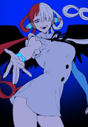 Rule 34 | 1girl, absurdres, bare shoulders, black ribbon, black wings, blue background, bracelet, eyelashes, glowing, gradient background, hair over one eye, headphones, highres, jewelry, long eyelashes, long hair, looking at viewer, multicolored hair, one piece, one piece film: red, open hand, open mouth, purple eyes, reaching, reaching towards viewer, red hair, ribbon, single bare shoulder, solo, teeth, tofu (bean359), twintails, upper teeth only, uta (one piece), very long hair, white hair, wings