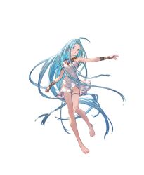 Rule 34 | 1girl, ahoge, barefoot, blue eyes, blue hair, bracelet, breasts, bridal gauntlets, dress, feet, full body, granblue fantasy, granblue fantasy: relink, jewelry, knees together feet apart, legs, long hair, lyria (granblue fantasy), minaba hideo, official art, second-party source, solo, thigh strap, toenails, toes, transparent background, white dress