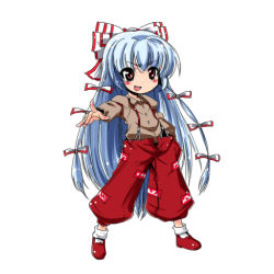 Rule 34 | 1girl, blue hair, blush, chibi, female focus, fujiwara no mokou, kiku hitomoji, red eyes, ribbon, solo, tora tooru, touhou