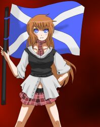 Rule 34 | artist request, blue eyes, breasts, brown hair, flag, necktie, non-web source, pleated skirt, scotland, scotland flag, skirt, solo