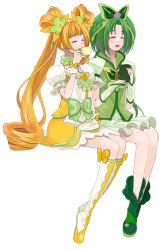Rule 34 | 00s, 2girls, :d, akimoto komachi, bad id, bad pixiv id, blush, boots, bow, brooch, closed eyes, cup, cure mint, cure rosetta, dokidoki! precure, drinking, green hair, heart, heart brooch, jewelry, knee boots, long hair, multiple girls, open mouth, orange hair, precure, sasamaru chimaki, simple background, sitting, smile, tea, teacup, twintails, waist bow, white background, yes! precure 5, yes! precure 5 gogo!, yotsuba alice