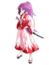 Rule 34 | 1girl, alphes (style), closed mouth, dairi, eyebrows, eyes visible through hair, facing away, full body, hair intakes, hair ribbon, haori, high ponytail, highres, japanese clothes, katana, legs apart, long hair, long sleeves, looking at viewer, meira (touhou), open clothes, open vest, pants, parody, pom pom (clothes), purple eyes, purple hair, red vest, ribbon, sheath, sheathed, smile, solo, standing, style parody, sword, tabi, touhou, touhou (pc-98), transparent background, vest, weapon, white legwear, white pants, white ribbon, wide sleeves