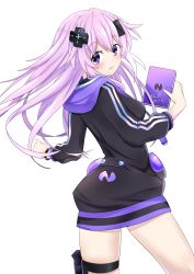 Rule 34 | 1girl, absurdres, adult neptune, armband, black hoodie, blush, breasts, choujigen game neptune, commentary, d-pad, d-pad hair ornament, floating hair, hair between eyes, hair ornament, highres, holding, holding notebook, hood, hoodie, long hair, long sleeves, looking at viewer, looking back, medium breasts, naoya (naoya ee), neptune (series), notebook, purple eyes, purple hair, shin jigen game neptune vii, simple background, smile, solo, thigh strap, white background
