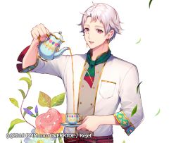 Rule 34 | 1boy, :d, company name, cup, earrings, flower, green neckwear, icchi banketsu, jewelry, looking at viewer, male focus, momoshiki tsubaki, official art, open mouth, pouring, red eyes, simple background, smile, tea, teacup, teapot, upper body, watermark, web address, white background, white hair