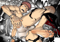 Rule 34 | 1boy, ass, barefoot, beitemian, bulge, crotch, feet, foreshortening, highres, itadori yuuji, jujutsu kaisen, male focus, male underwear, nipples, pink hair, solo, thighs, toes, topless male, torn clothes, underwear, underwear only, white male underwear