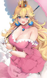 Rule 34 | 1girl, bare shoulders, blonde hair, blue eyes, blush, breasts, brooch, cleavage, collarbone, crown, dress, earrings, gem, gloves, highres, holding, holding umbrella, jewelry, large breasts, long hair, looking at viewer, mario (series), marushin (denwa0214), nintendo, off-shoulder dress, off shoulder, open mouth, parasol, pink dress, princess peach, revision, smile, solo, sphere earrings, super mario bros. 1, umbrella, white gloves