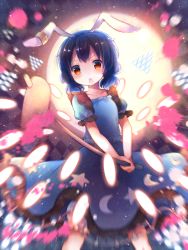 Rule 34 | 1girl, animal ears, blue dress, blue hair, braid, coa (chroo x), commentary request, danmaku, dress, gradient background, kine, mallet, open mouth, puffy short sleeves, puffy sleeves, rabbit ears, red eyes, seiran (touhou), short sleeves, sky, solo, touhou, twin braids