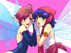 2girls :d backless_leotard bare_shoulders blue_gloves blue_hair blue_leotard devil_summoner_(series) dual_persona elbow_gloves facing_another fairy fairy_wings flower flower_armlet gloves green_eyes headscarf holding_hands leotard long_pointy_ears multiple_girls open_mouth pink_pupils pixie_(megami_tensei) pointy_ears red_eyes red_hair red_headscarf red_sash sash shin_megami_tensei shinabita_nasubi short_hair smile teeth upper_teeth_only white_gloves wings yellow_flower