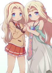 Rule 34 | 2girls, :o, bare arms, bare shoulders, beige jacket, blazer, blonde hair, blue eyes, blush, bow, bowtie, closed mouth, collarbone, collared shirt, cygnus (maplestory), dress, hairband, head tilt, holding hands, interlocked fingers, jacket, kneehighs, long hair, looking at viewer, maplestory, multiple girls, nekono rin, parted lips, pleated skirt, red hairband, red neckwear, red skirt, shirt, simple background, skirt, smile, socks, strapless, strapless dress, very long hair, white background, white dress, white legwear, white shirt