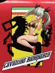 Rule 34 | 10s, 1girl, abazu-red, anchovy (girls und panzer), bikini, black ribbon, breasts, cleavage, commentary request, decal, drill hair, flag print, girls und panzer, green hair, hair ribbon, high heels, horse, italian flag, italian text, long hair, medium breasts, open mouth, red background, red eyes, red footwear, ribbon, riding, riding crop, shoes, side-tie bikini bottom, silhouette, sitting, smile, solo, swimsuit, twin drills, twintails